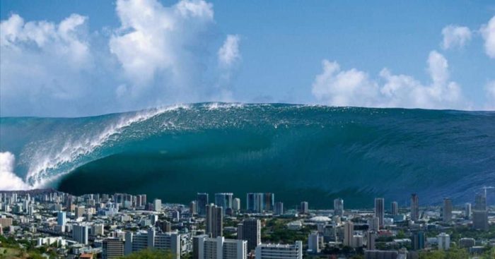 How far inland would a 2 mile high tsunami travel